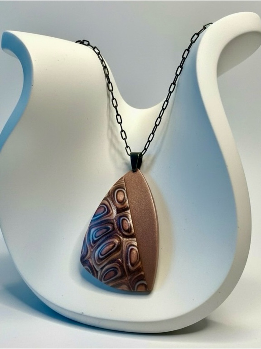 Handmade Copper & Bronze Polymer Clay Large Pendant Necklace on Black SS Chain